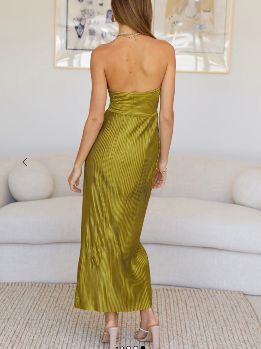 Hello Molly Olive Green Strapless Pleated Midi Dress - Picture 5 of 7
